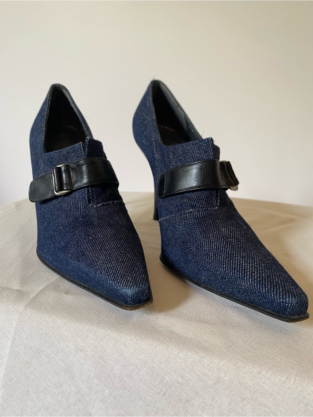 Stuart Weitzman Navy Denim Pointed-Toe Heels with Black Strap